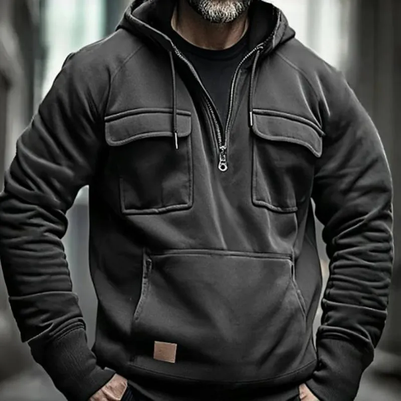 Herbst Winter Hoodies Männer half-zip Patchwork Warme Fleece Sweatshirts Multi Taschen Männlichen Mode lässig pullover Outdoor Hoodie