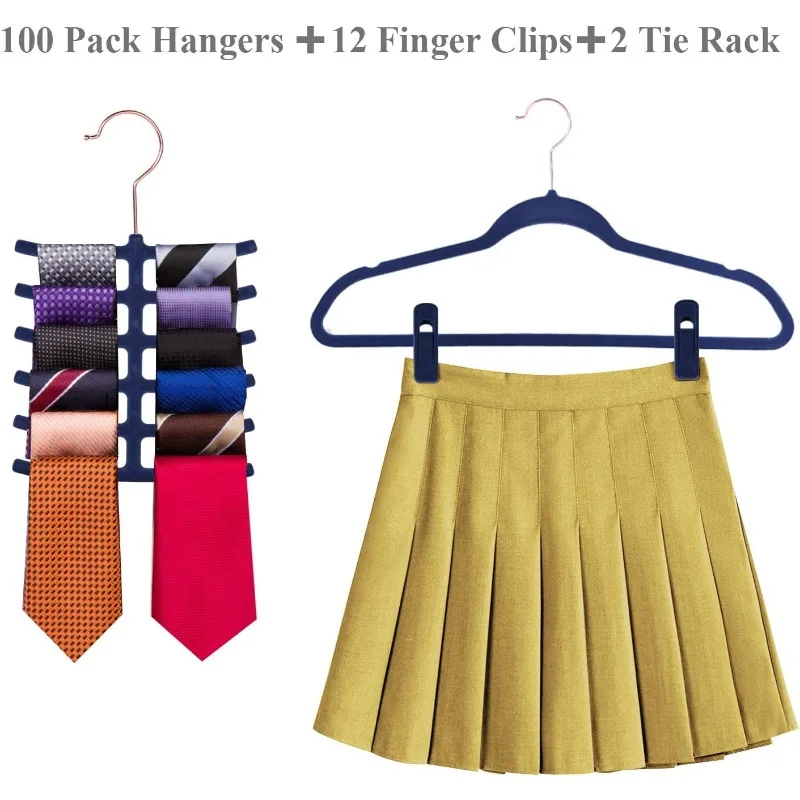 Premium Velvet Suit Hangers Heavy Duty (100 Pack) - Non Slip & Space-Saving Clothes Hangers with 12 Finger Clips and 2 Tie