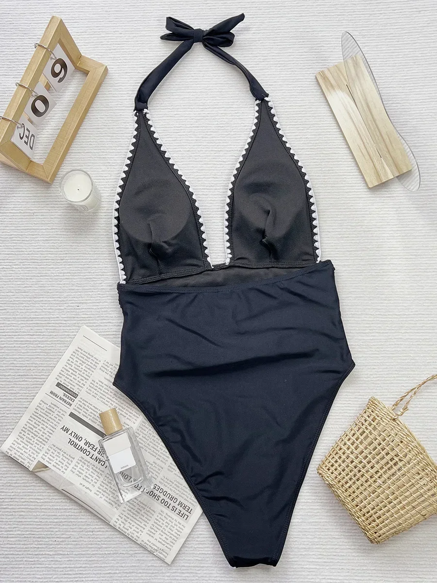 V Neck Halter Wrinkled Women Swimwear One Piece Swimsuit Female High Cut Backless Monokini Bather Bathing Suit Swim Beachwear