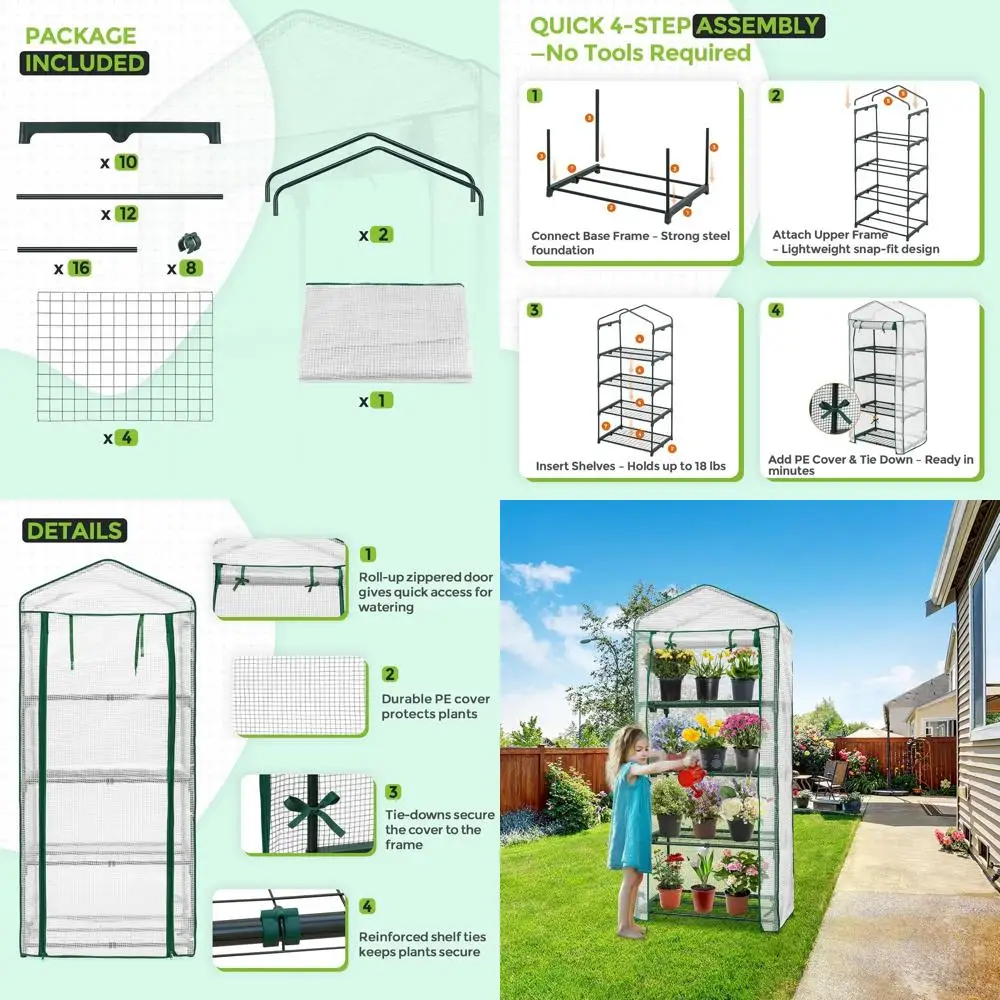 

Portable 4-Tier Mini Greenhouse with Shelves, Weather-Resistant PE Cover, Ideal for Seedlings and Gardening, 27x19x64 in, Clear/