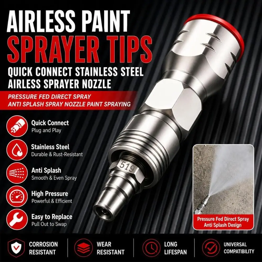 Quick Connect Airless Paint Sprayer Tips Stainless Steel Pressure Fed Spray Nozzle Anti Splash Direct Spray Paint Nozzle