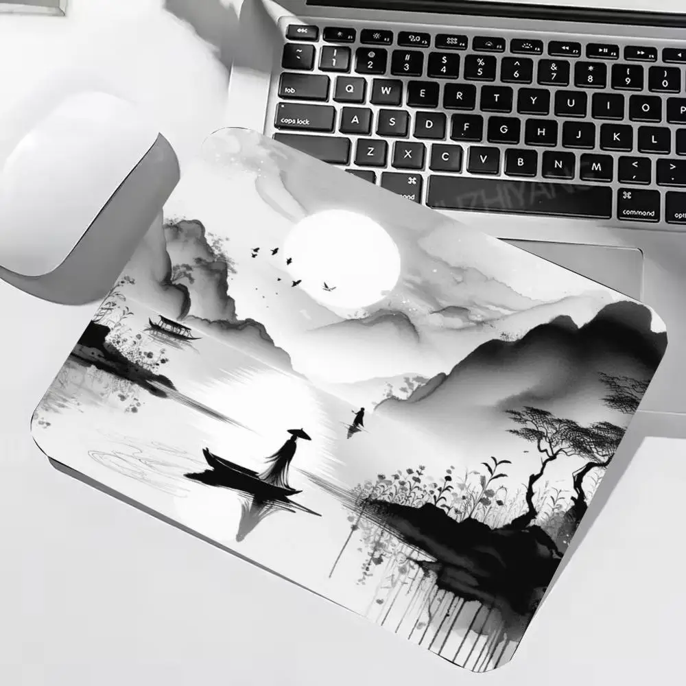 Black White Ink Warrior Boat Full Moon Mountain Chinese Landscape small mousepad22*18/25*29cm Nootbook Game Rug  40*45 Art Decor