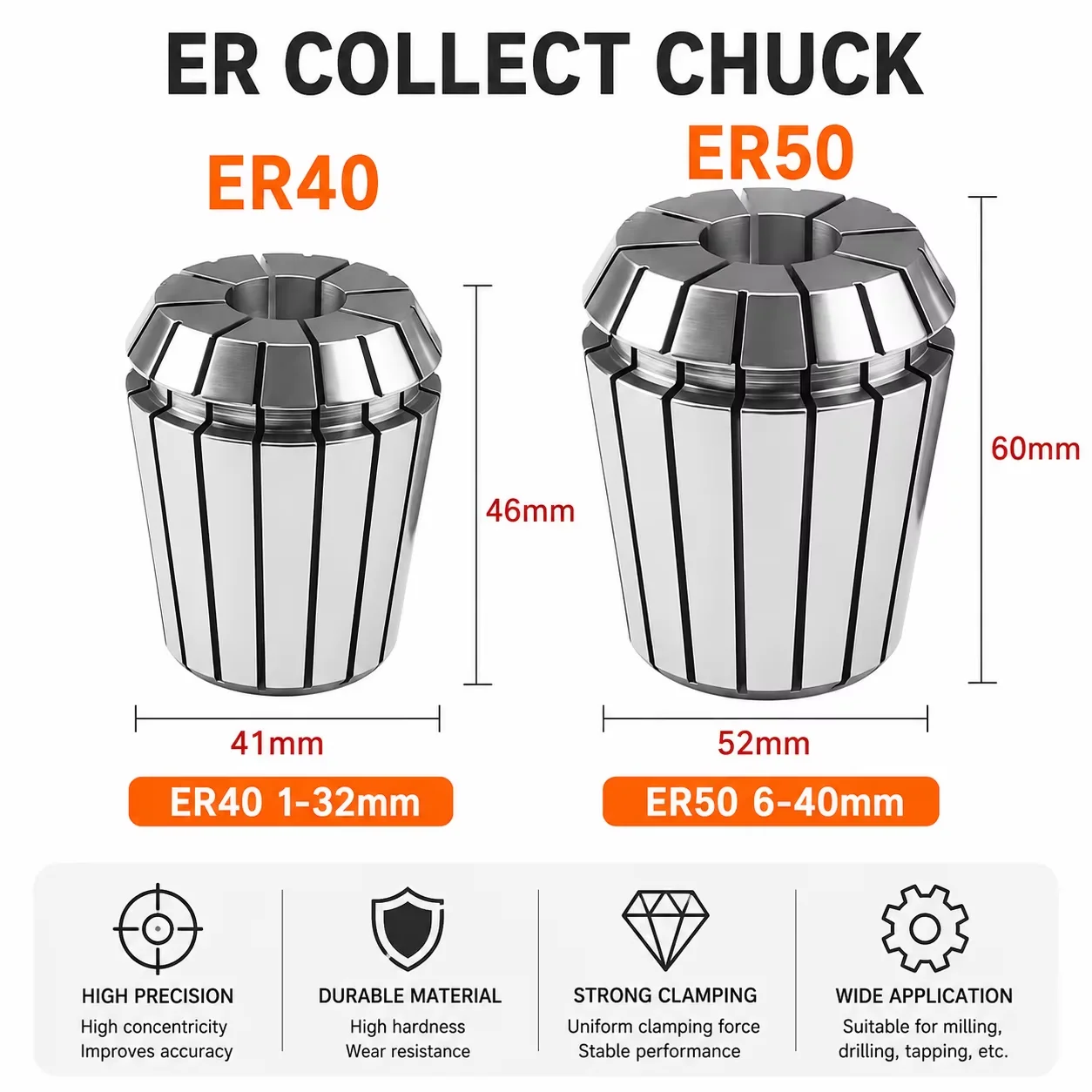 1PC ER40/ER50 AAA/UP Grade Spring Collet, 0.003mm Ultra High Precision, for Engraving Machine Spindle & CNC Machining Center