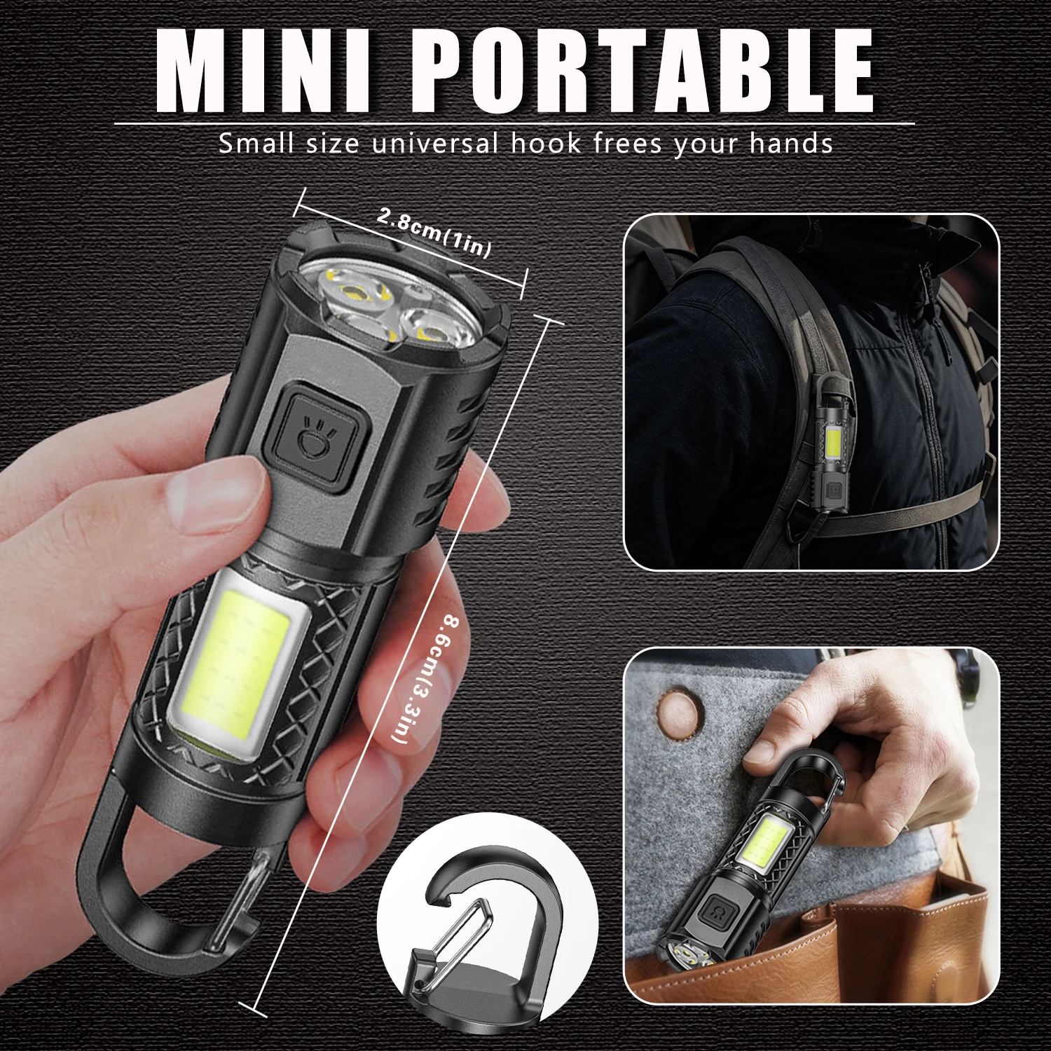 Mini LED Flashlight Strong Light Highlight Hand Torch COB Side Lights Hook Type Portable Handlamp Outdoor Camping Hand Light