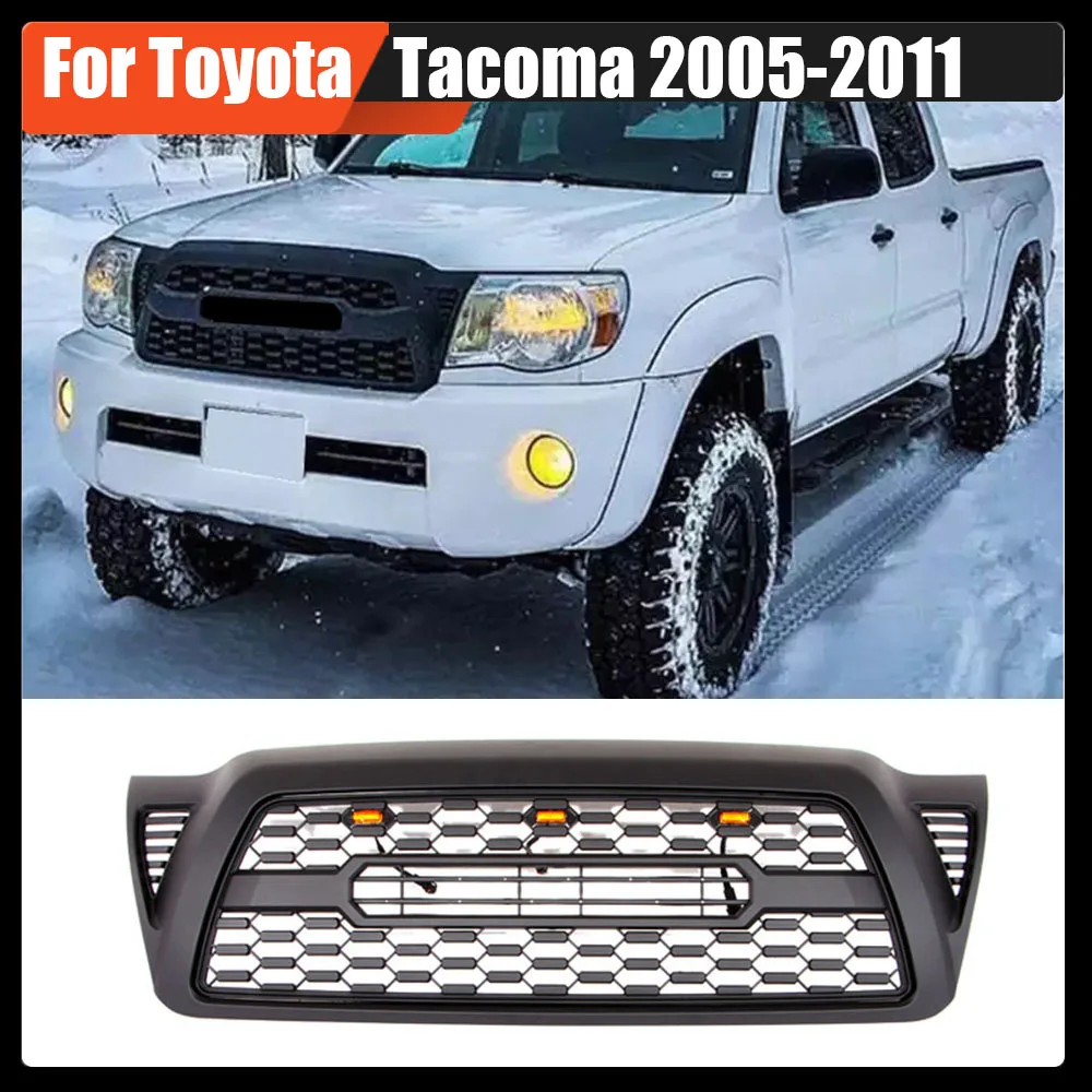 

For Toyota Tacoma 2005-2011 Front Bumper Grille Trims Cover Racing Grills Black Compatible Fit Mash Grill With 3 LED Lights