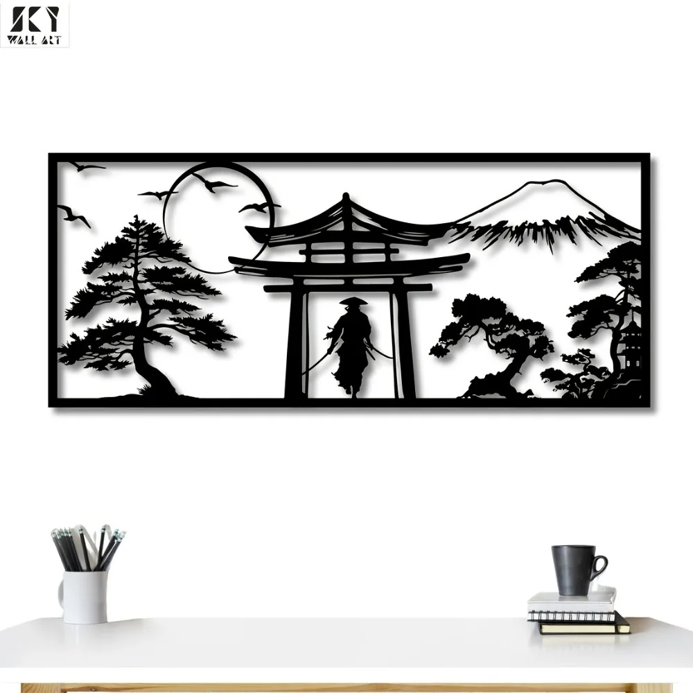 CIFBUY Samurai Iron Wall Art Metal Japanese Torii Mount Fuji Bonsai Sculpture Decor for Living Room Bedroom Home Hanging Gift