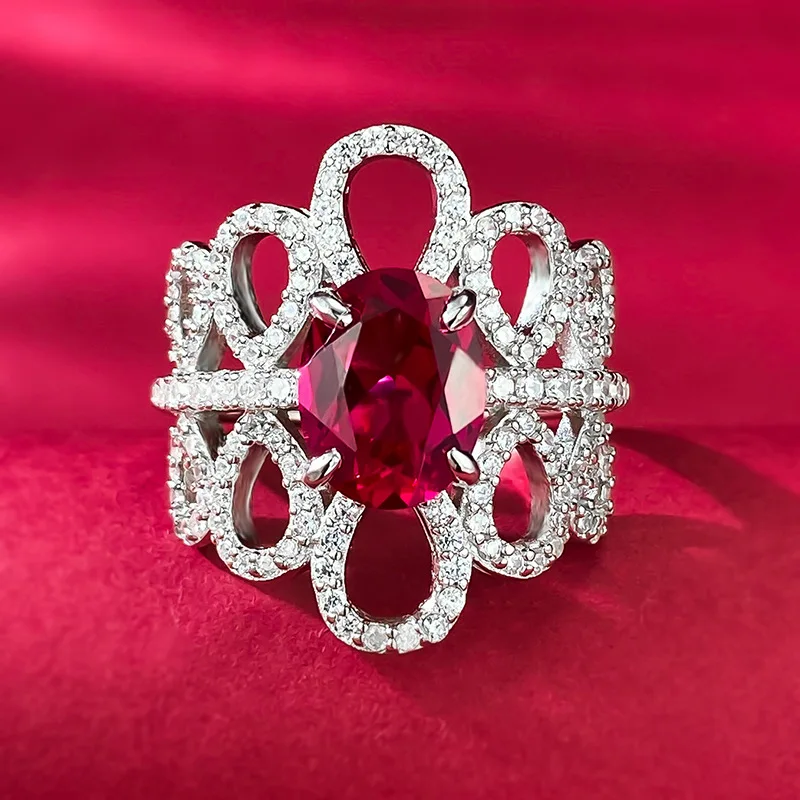 

925 Sterling Silver Inlaid With High Carbon Diamond Temperament Versatile Female Flower Red Treasure Ring Fine Jewelry Rings