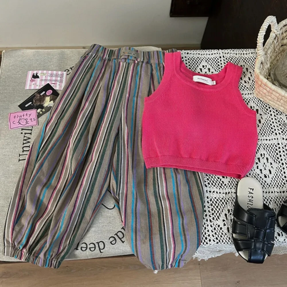 Summer Promotion Vest Top+striped Color Blocked Lantern Pants Two-piece Set Korean Version Fashionable Children 3-7
