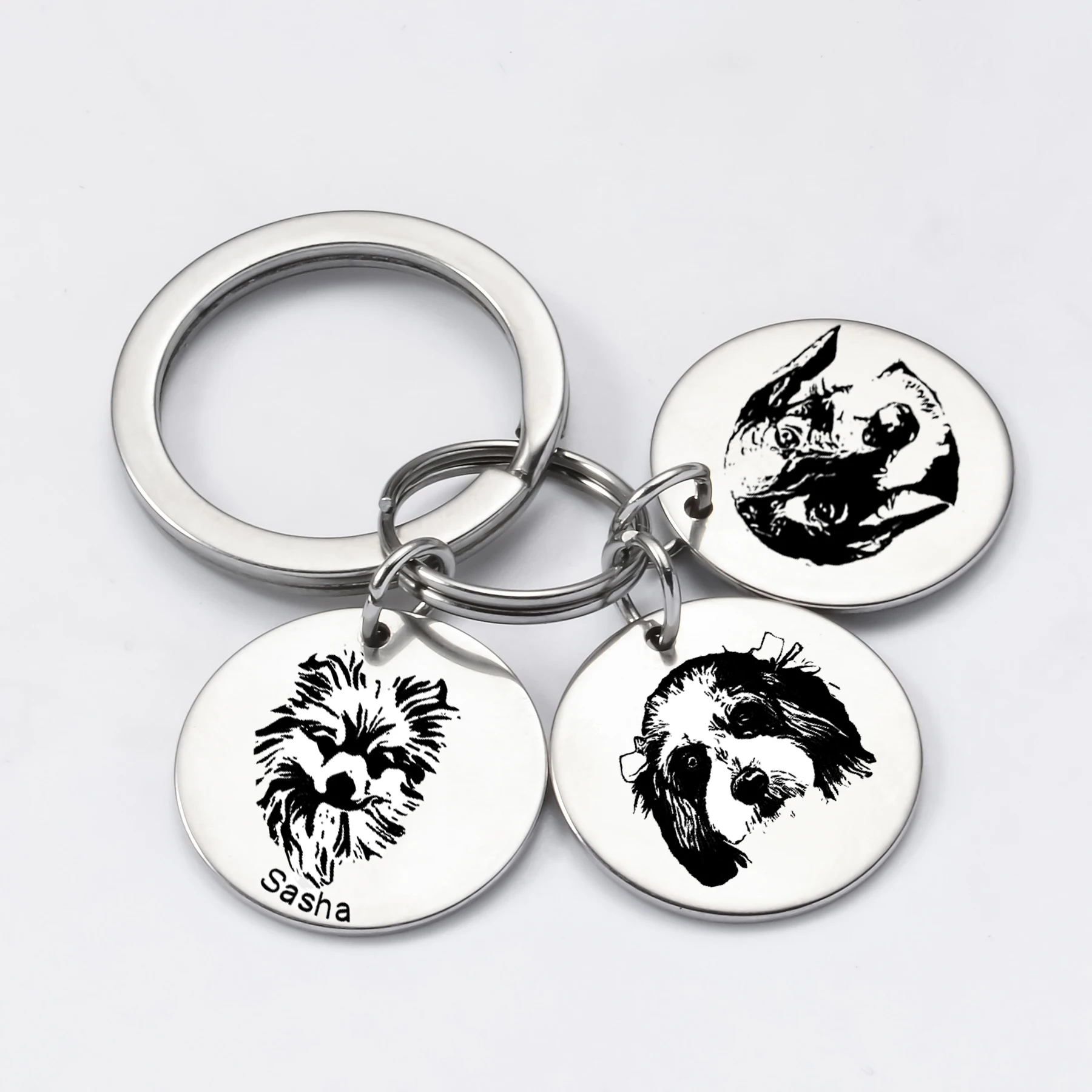 Stainless Steel Custom Pet Portrait Keychain Personalized Multiple Dog Cat Photo Engraved Memorial Christmas Gifts