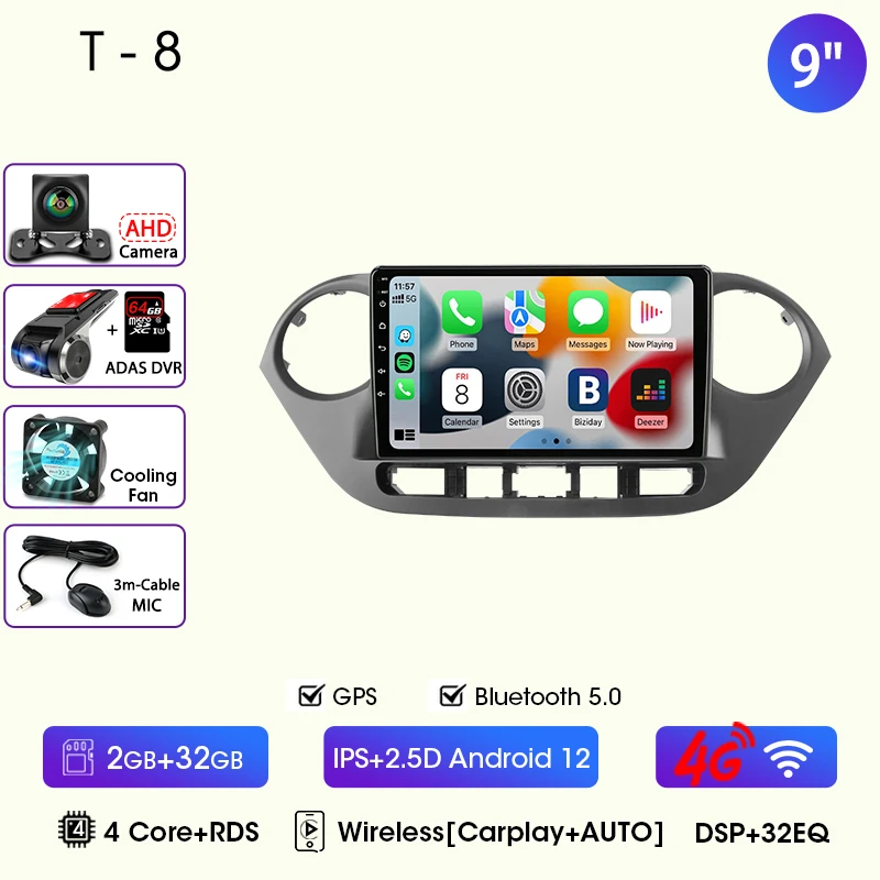 9 "Autoradio Voor Hyundai Grand I10 I 10 2013 2014 2015 2016 2017 2018 Android12 Carplay Auto Multimidia Videospeler Head Unit