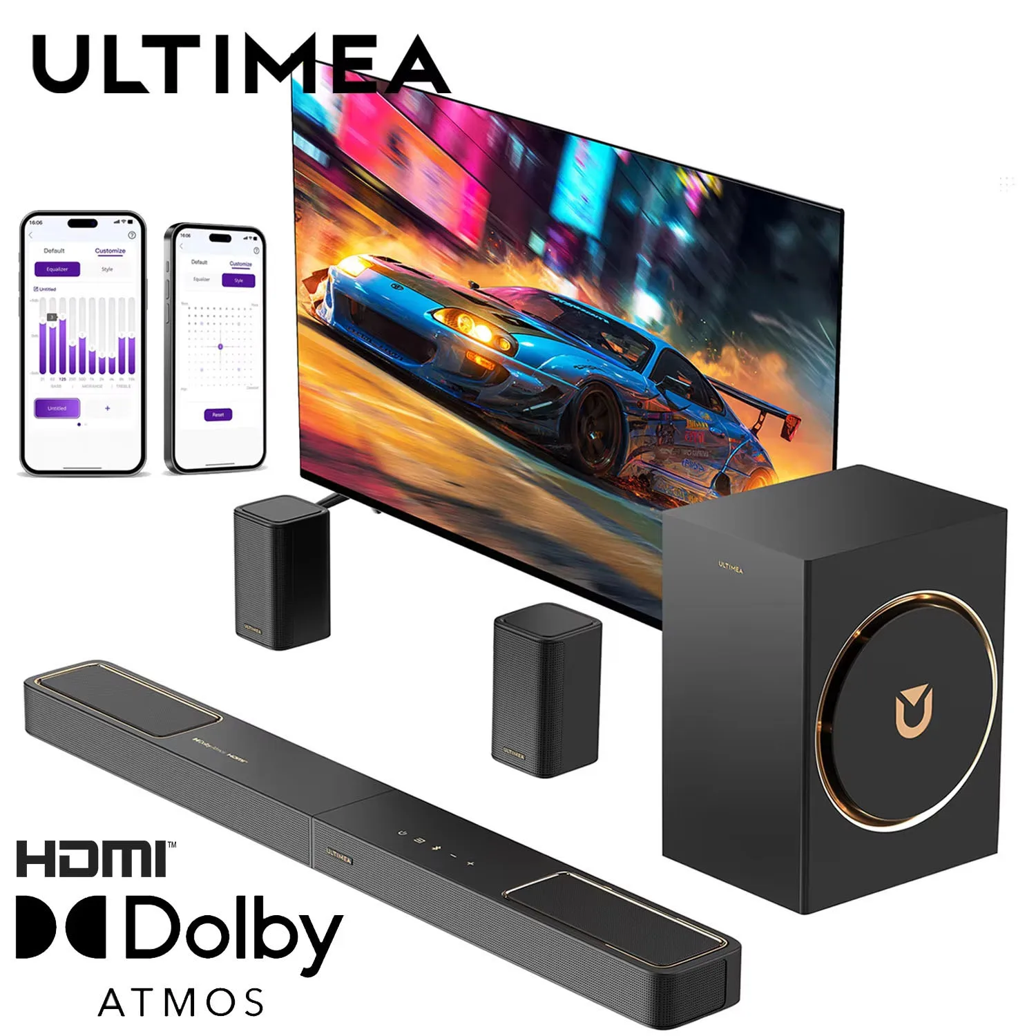 

ULTIMEA 460W 5.1.2ch Sound Bar with Dolby Atmos, Surround Sound Home Theater System for TV with 2 Surround Speakers, APP Control