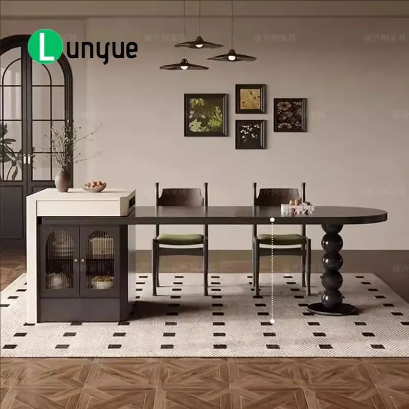 Medieval Retractable Island Dining Table Retro Arc Pure Black Rock Slab Space Saving Compact Design for Small Apartment