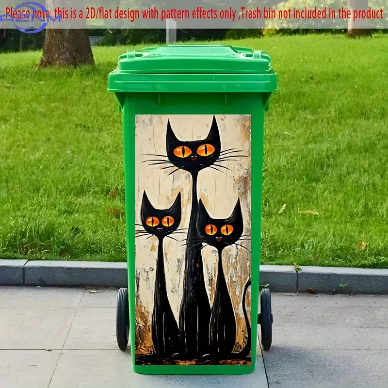 [2D Flat Printing] 1pc Trash Can Sticker 37×82 Cm Tall Black Cat with Three Orange Eyes Theme Design Decorative Wallpaper Self