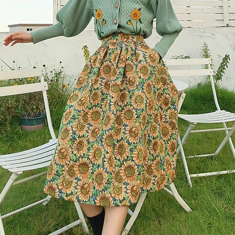 Female sunflower jacquard high waist slimming half body skirt  vintage  maxi skirt  LOOSE FIT  korean style