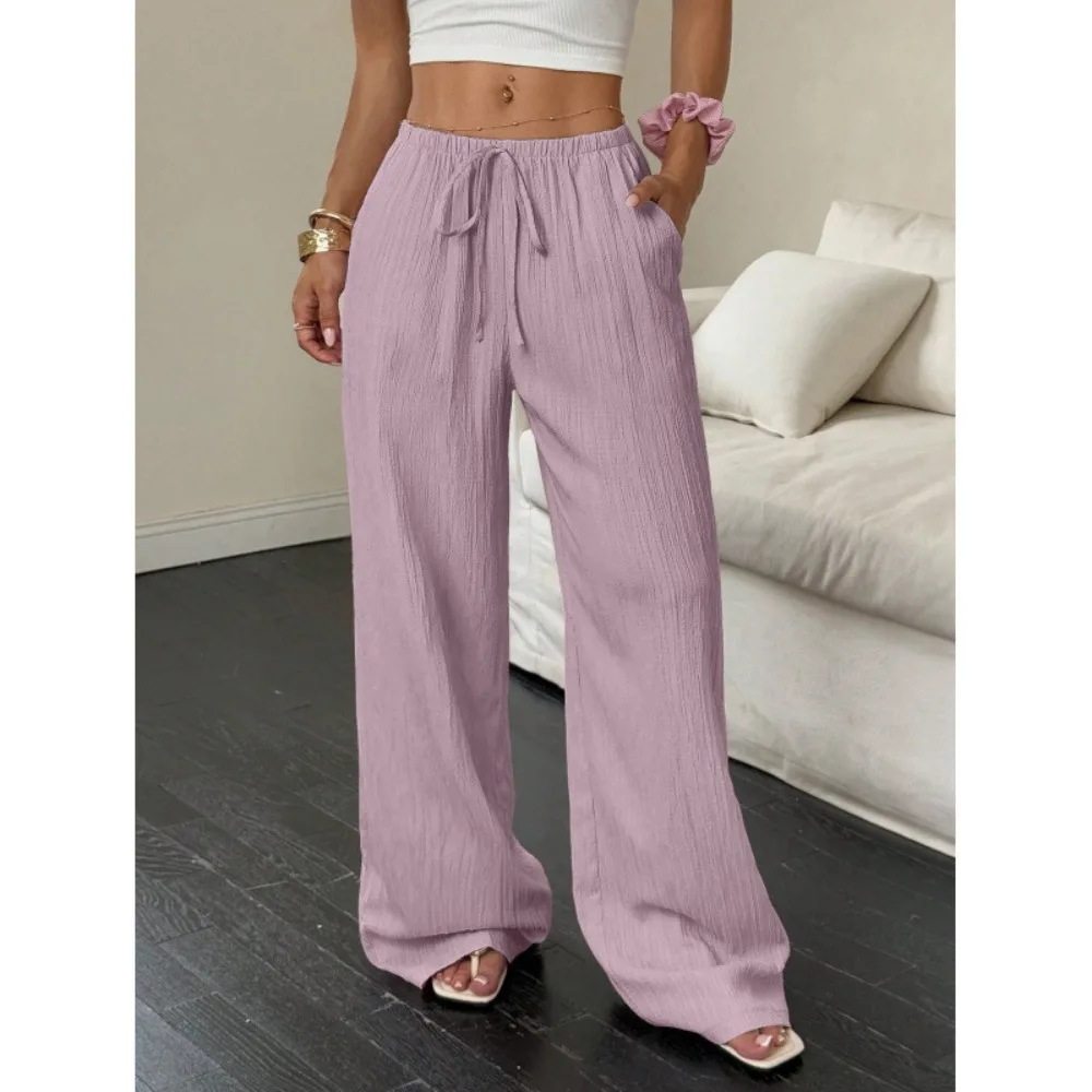 New Hot Selling Women's Summer Early Autumn Casual Solid Color Texture Fabric Knotted Waist Slanted Pocket Wide Leg Pants Cheap