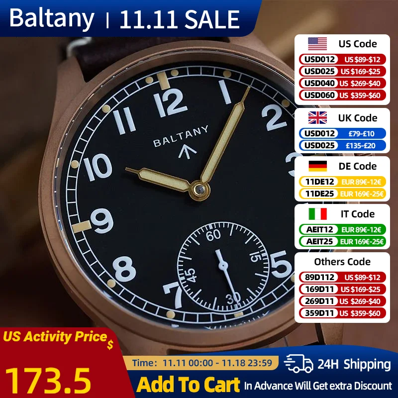 Baltany Dirty Dozen Homage Watch 42mm Dial Seagull ST3620 Manual Mechanical 50M Waterproof Retro Bronze D12 Military Men Watches