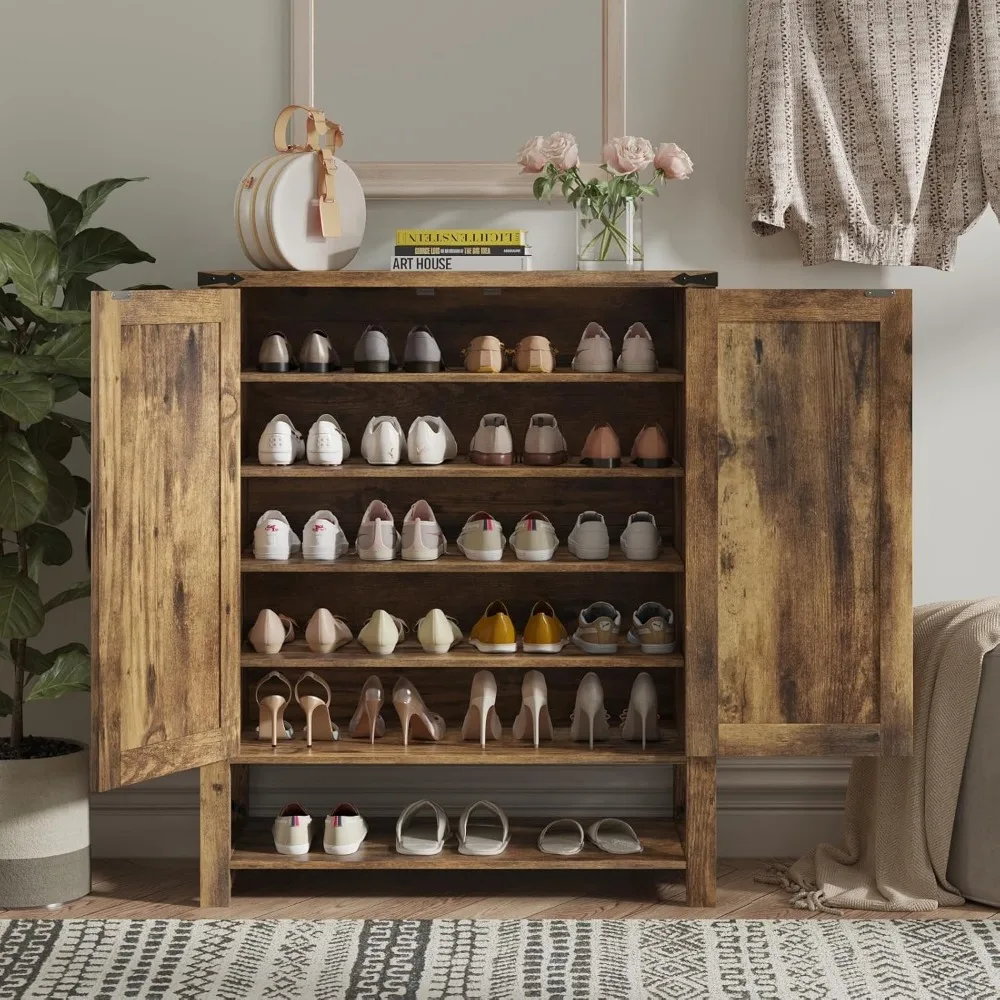 خزانة أحذية خشبية قابلة للتعديل مكونة من 6 طبقات على طراز المزرعة مع أبواب للتخزين والتنظيم