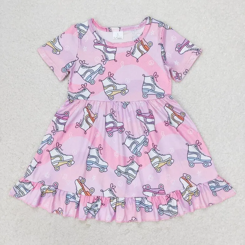 New rts baby girl summer dress wholesale boutique roller skates pink purple short sleeve dress GSD1249