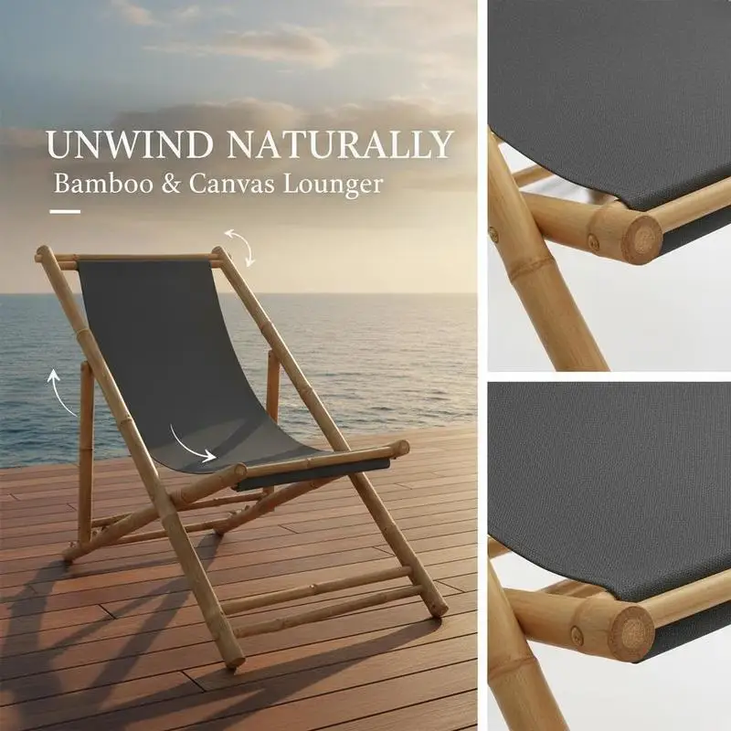 Chaise longue pliable en bambou et tissu résistant aux intempéries 190x60x90 cm, dossier réglable sur quatre niveaux, charge maximale 110 kg, structure compacte facile à ranger, parfaite pour la terrasse
