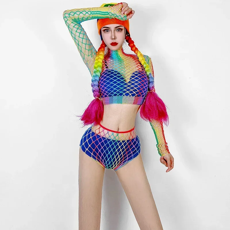 Rainbow Net Y-Shorts pour femmes, Bikini sexy, Costume de pole légiti, Discothèque, Bar, Jazz, Tenue de danse, Dj, Ds Party, Vêtements Rave, YS4497