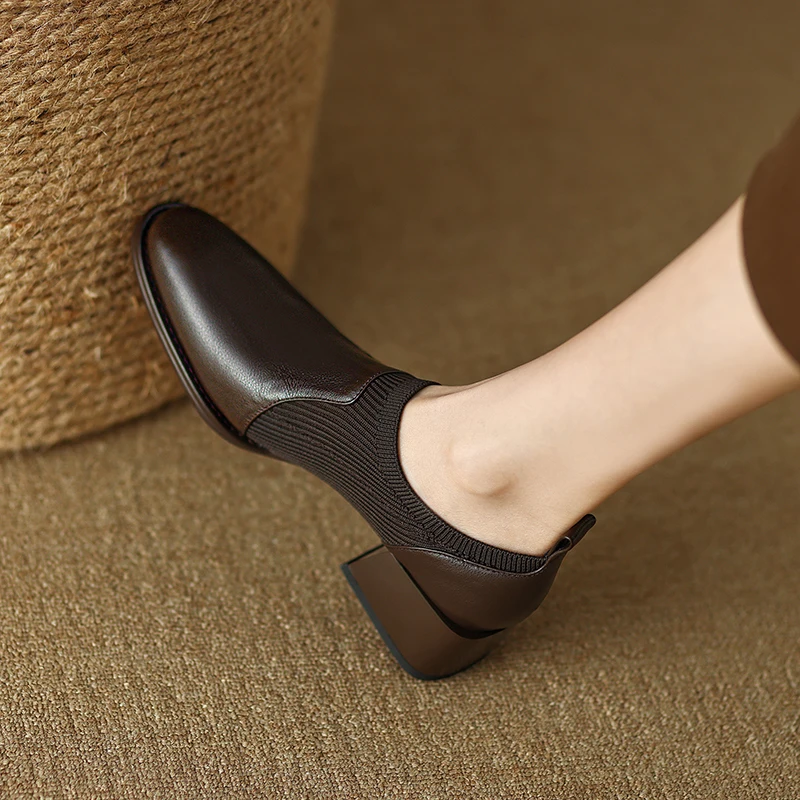 2023 New Genuine Leather Top Quality Sheepskin Shoes Woman Spring Slip on Dress Black Round Toe Ladies Loafers High Heel Shoes