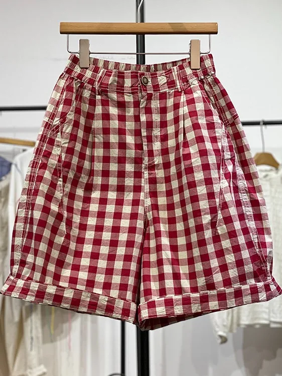 Pantalones ort de pierna ancha a cuadros rojos Retro para mujer, novedad de verano, pantalones holgados informales de cinco puntos, mezcla de algodón de cintura alta