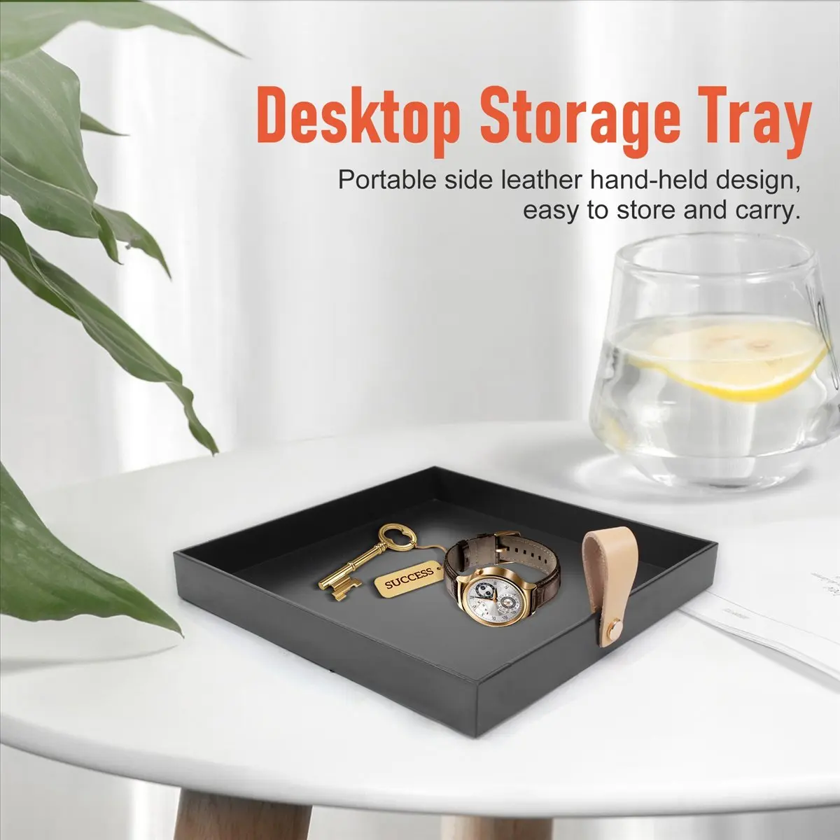 Square PU Leather Serving Tray Decorative Dish Cosmetics Sundries Desktop Storage Plate with Handle(Black)