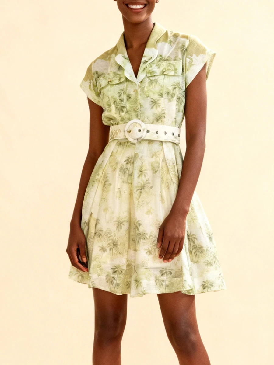 เดรสพิมพ์ลาย VGH น่ารัก สไตล์สดใส ช่วยพรางหุ่น สำหรับผู้หญิง คอวี แขนสั้น เอวสูง แต่งเข็มขัด ดีไซน์ต่อผ้า สไตล์หรูหรา สำหรับฤดูใบไม้ผลิ รุ่นใหม่