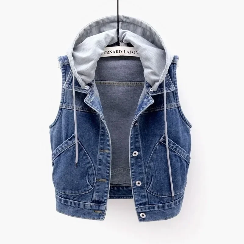 Sleeveless Jeans Jacket Women Korean Fashion Hooded Vests Jean Short Waistcoat Large Size Cotton Zipper Denim Vest Female - Image 2