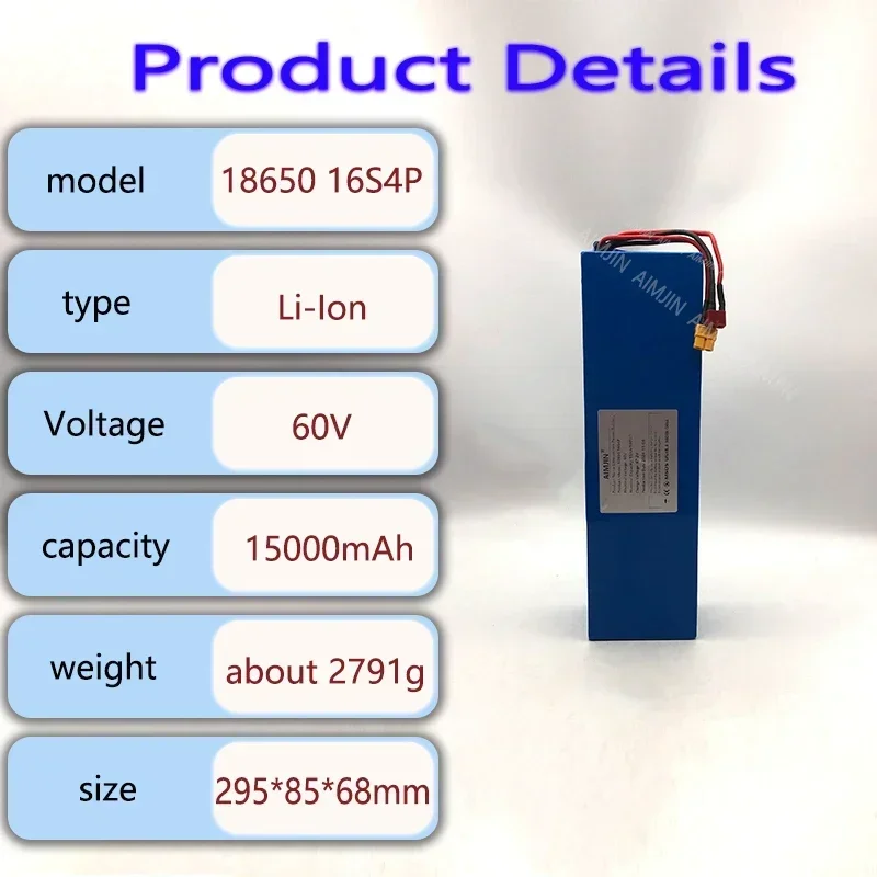 Batería de iones de litio de 60V, 15Ah, 18650 16S4P, 15000mAh, adecuada para vehículos eléctricos, motocicletas, scooters, motores de bicicleta, batería de repuesto