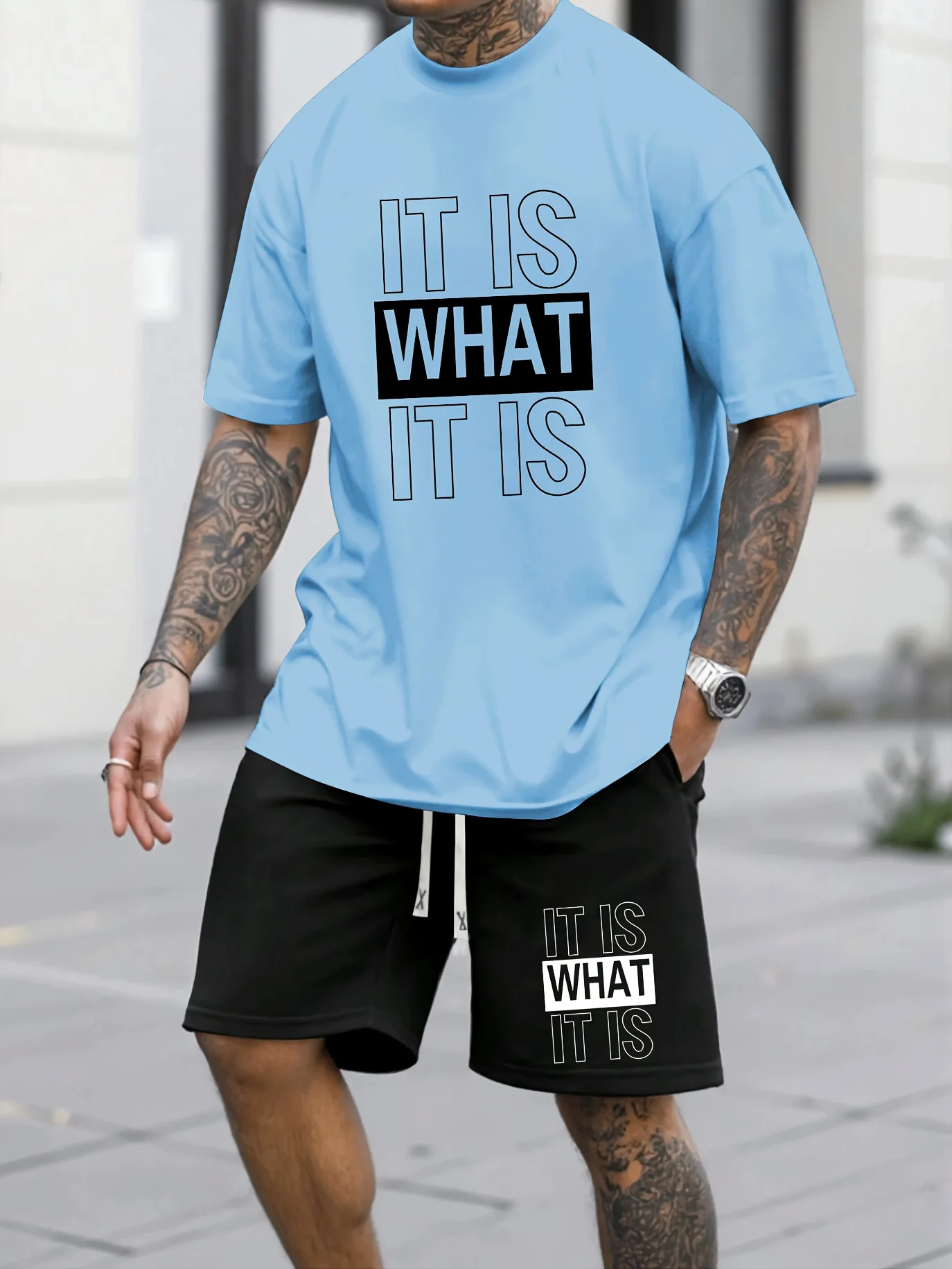 Letter Print T-Shirt and Shorts Set 2026 Oversized Men's Collection Casual Relaxed Fit Drawstring Waist Shorts Short-Sleeve Top