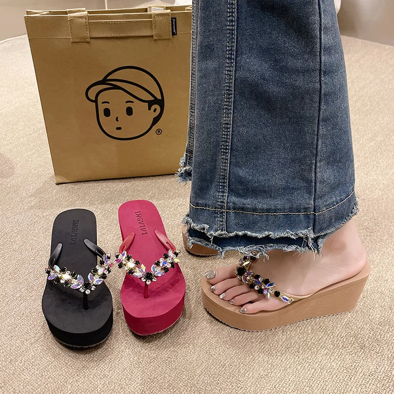 Women Flip Flops High Heels 7.5cm Sexy Woman Wedge Sandals Fashion Beach Slippers for Women Anti-slip Thick Sole Slipper