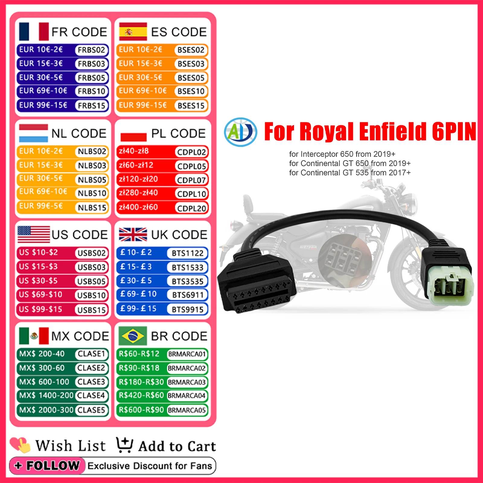 

For Royal Enfield 6Pin OBD2 Adapter Diagnostic Cable For Interceptor 650cc/Continental GT 650cc/535cc Motorcycle OBDII Convertor