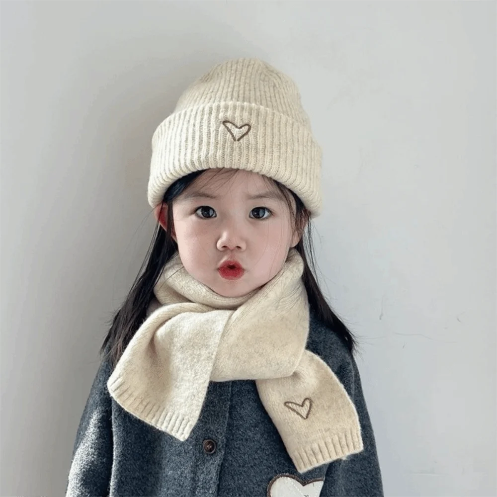 

Love Heart Embroidery Knitted Hat Scarf Set Thickened Solid Color Winter Pullover Cap Korean Style Anti-cold
