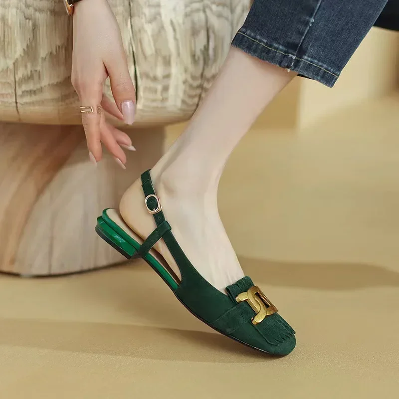 Brand New Summer Women Flat Sandals Retro Metal Buckle Tassels Closed Toe Open Heel Fashion Flats Female Sandal Shoes