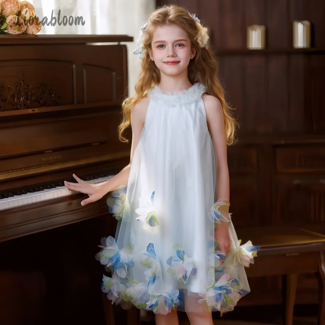 Abito da Cerimonia per Bambina in Tulle Blu con Orlo Floreale, Vestito da Principessa Lungo ed Elegante