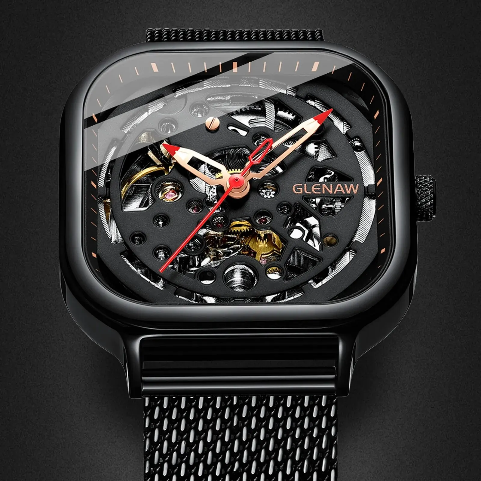 ساعة GLENAW ساعة ميكانيكية أوتوماتيكية بتصميم أجوف ساعة فاخرة مقاومة للماء من الفولاذ المقاوم للصدأ ساعة رجالية