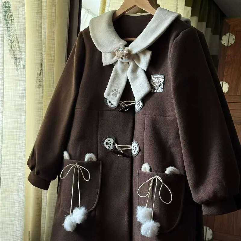 

Sleepless Island Jk Autumn Winter Woolen Fashion Temperament Women Coat Coffee Beige Preppy Doll Collar Horn Button Velvet Coat
