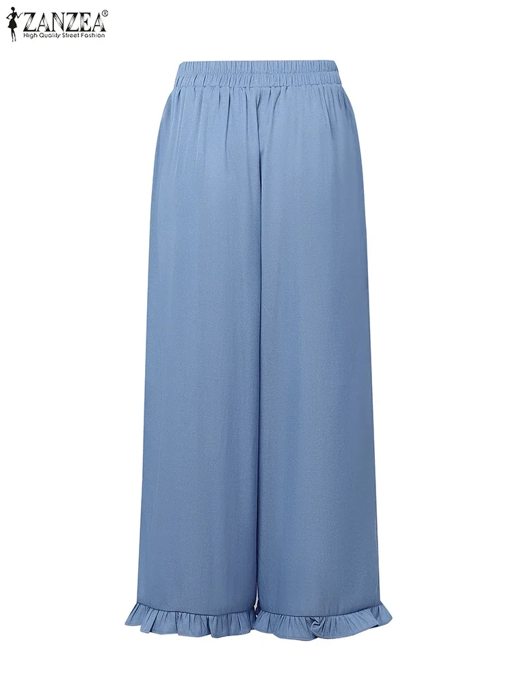 ZANZEA femmes Vintage pantalon à jambes larges 2025 automne taille haute pantalons longs décontracté taille élastique ample surdimensionné à volants Pantalons