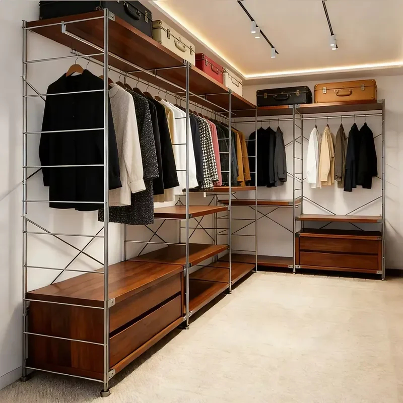 Multifunctional Metal Garment Rack Open Wardrobe with Top and Bottom Shelves Steel Clothes Rack for Shoes and Bags Storage