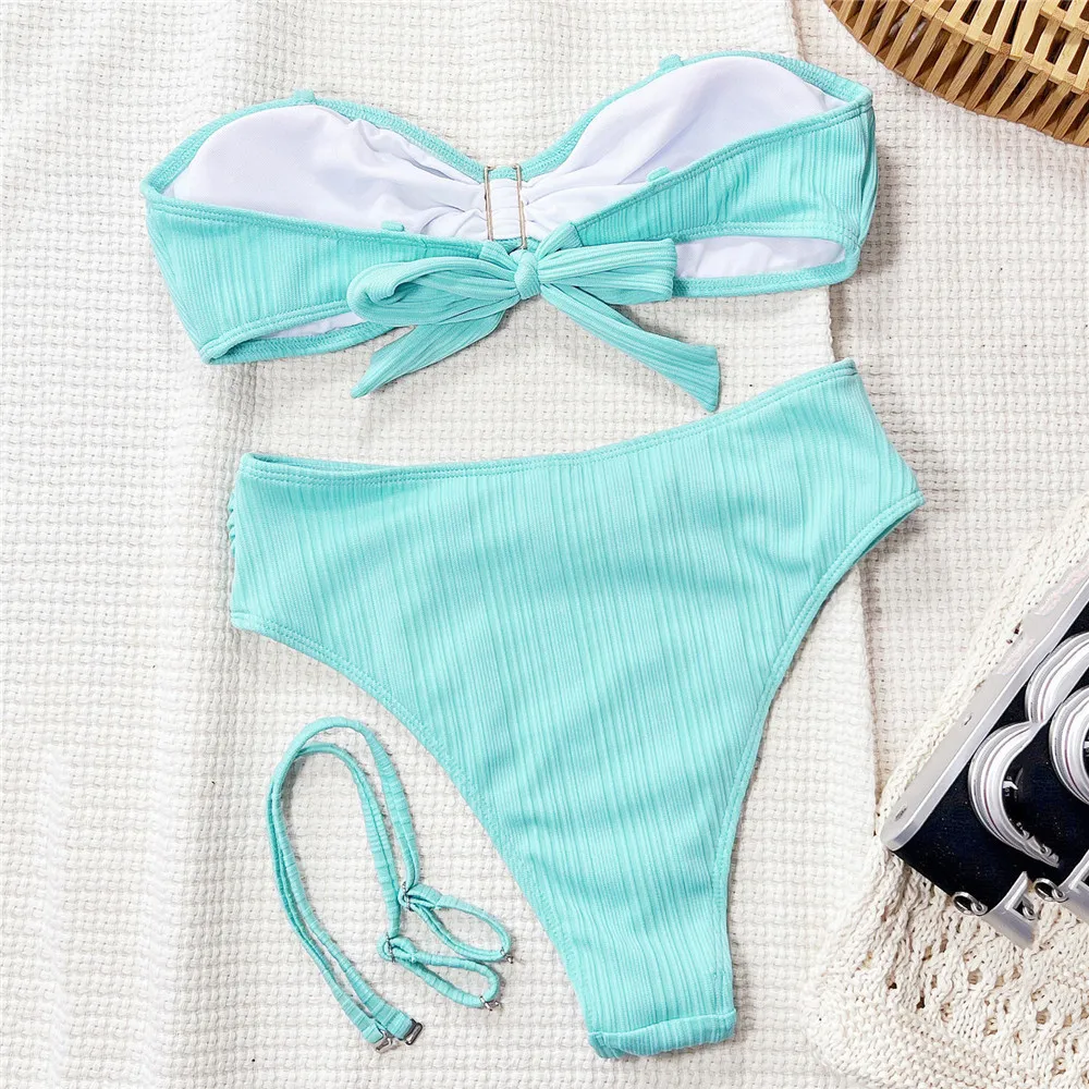 Blue Ribbed Bandeau High Waist Bikinis Sets Metal Shell Ornament Swimwear Sexy Swimsuit Women 2026 Bathing Suit Beachwear Bikini
