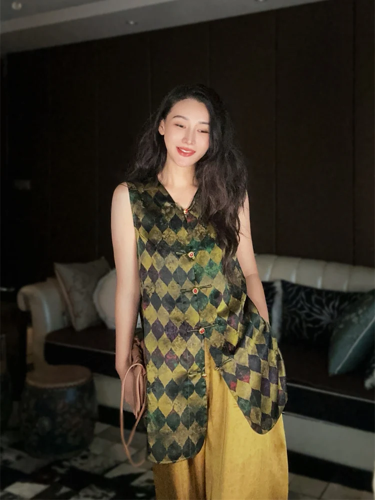 

Шелковый атласный топ с цветочным принтом в новом китайском стиле, женский, с V-образным вырезом, разрезом, средней длины, Fanyoo F5076, летняя коллекция