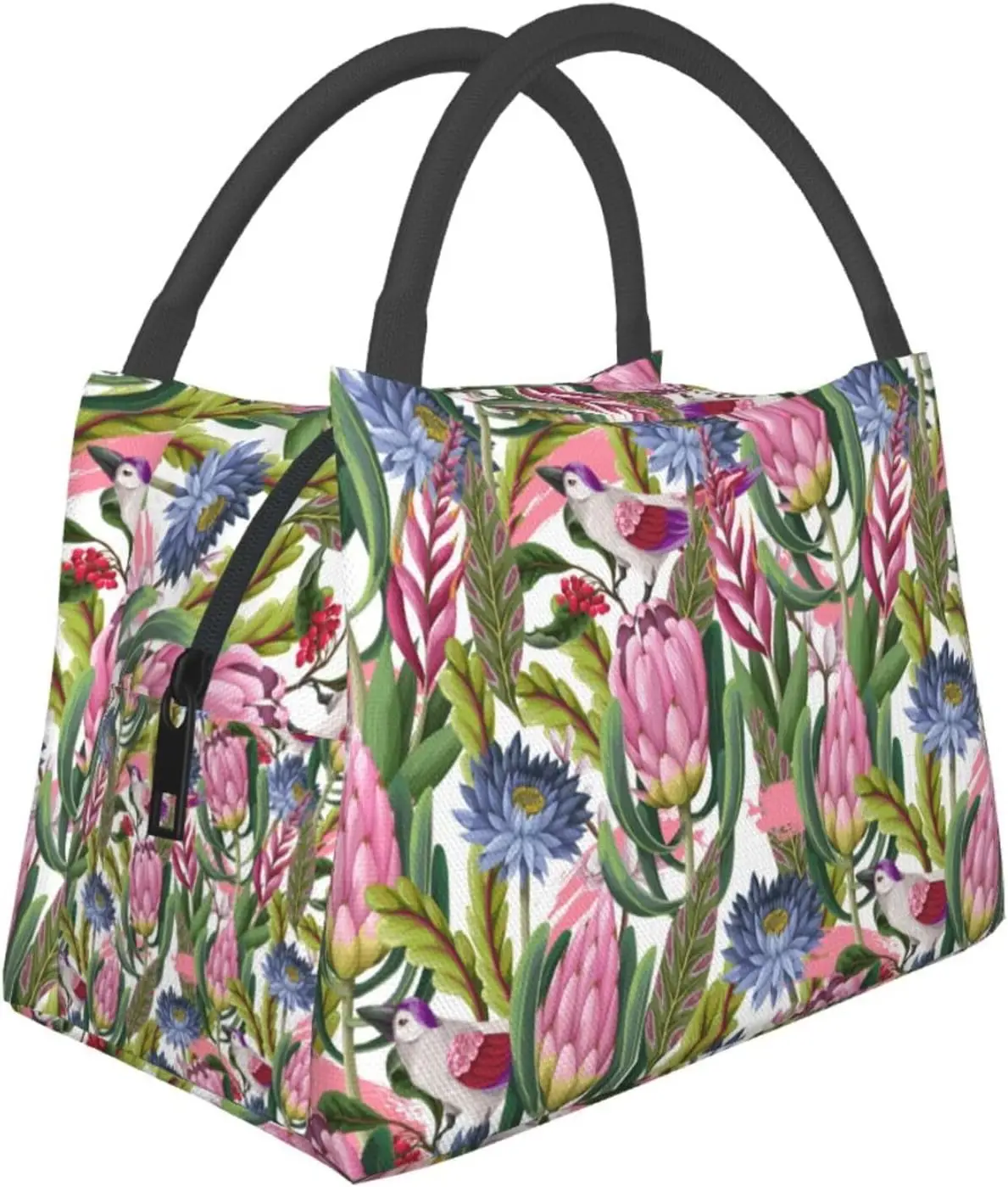 

Exotic Bird Pink Flower Retro Large Lunch Bags Box For Women Men-Cute Adult Insulated Lunchbox Tote For Wor