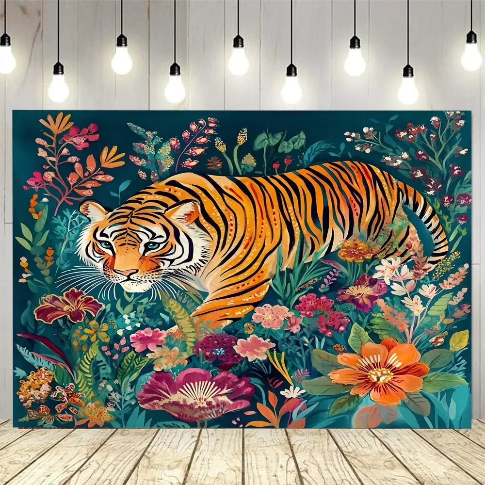 Cartoon Art Home Wall Tapestry with Plants Animals Tigers Lions Design - Dormitory Decor Starry Sky Aesthetics Wall Hanging