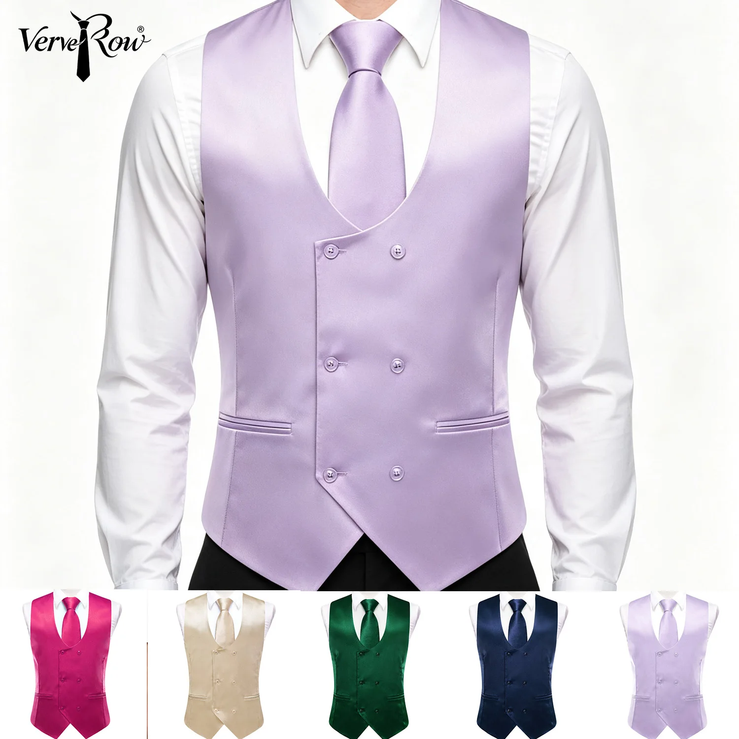 VerveRow Men Double Breasted Satin Waistcoat 5‑Pcs Set Vest+Necktie+Bow Tie+Pocket Square+Cufflinks, Rose Red/Champagne/Green