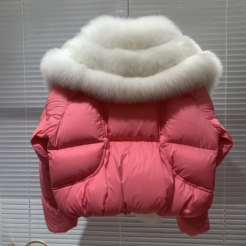 Abrigo de invierno con cuello de zorro para mujer, chaqueta de plumón de ganso blanco, Chaqueta corta de piel cálida
