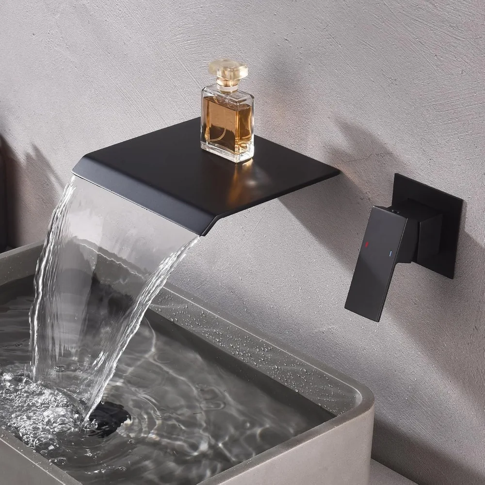 

Matte Black Wall-Mount Waterfall Faucet, Single-Handle Modern Tub & Basin Mixer Tap with Included Rough-in Valve
