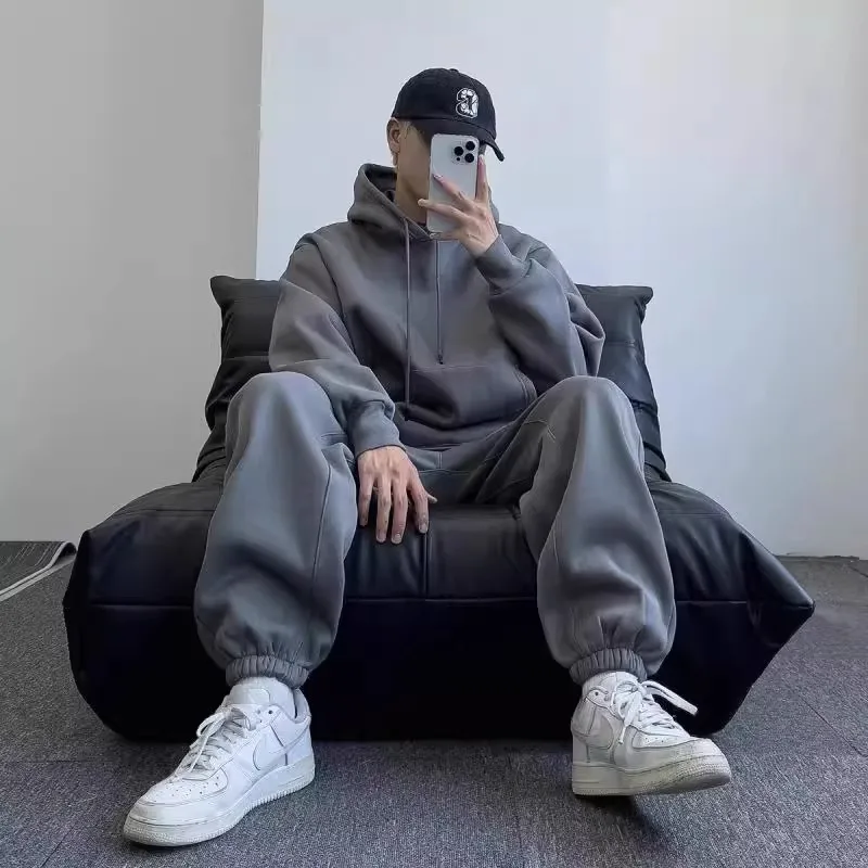 

Men's Autumn Winter Thiened Fce Lined Loose Fit Sportswear Set Casual Hoodie Sweatirt And Pants Two-Piece Couple Outfit