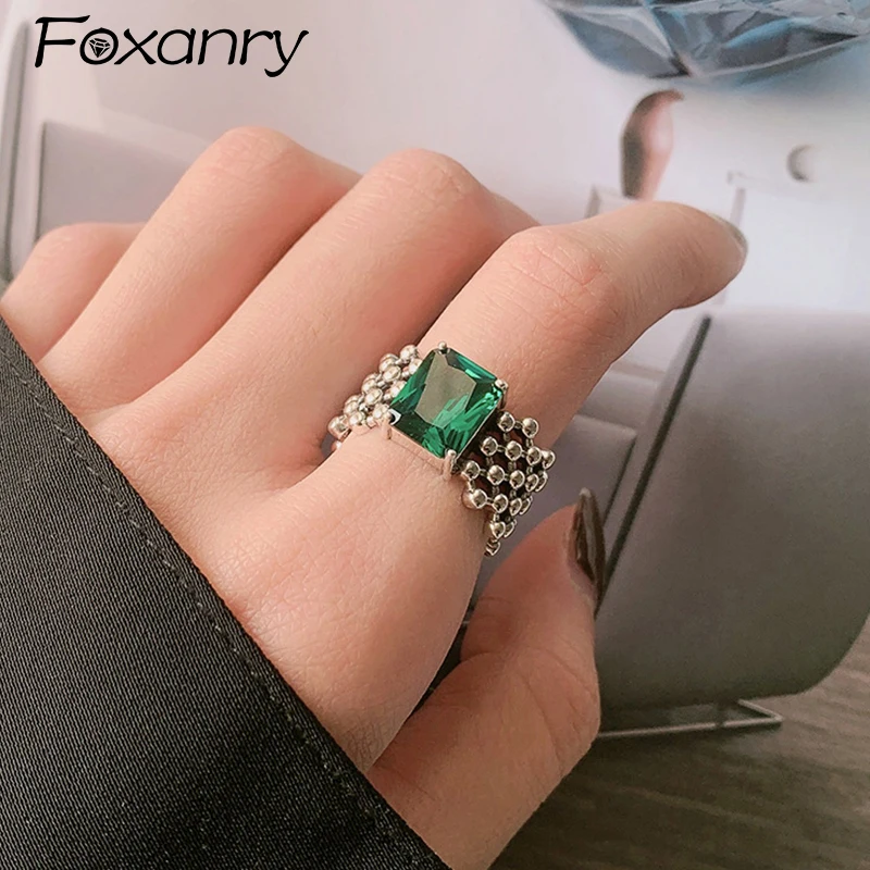 Foxanry 1 PCS Silver Color Green Zircon Cuff Ring For Women New Fashion Vintage Hip Hop Birthday Party Jewelry Accessories Gifts