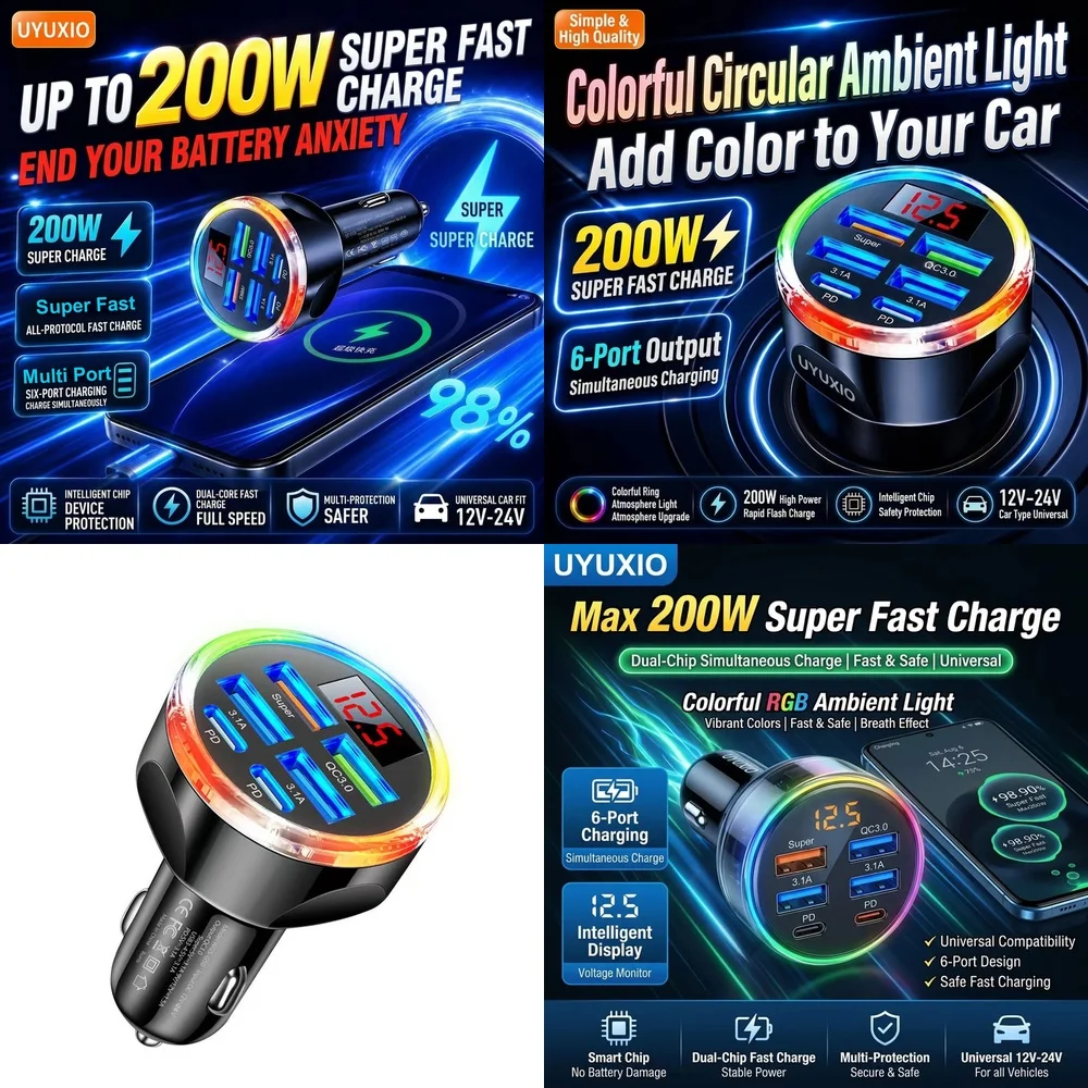 Fast Charging 6 Ports Car Hub Plug Trending for iPhone 18 17 16 Samsung S26 S25 S24 with Multi Port PD Type C Fast Charging Plug